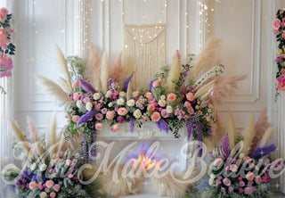 Lente Boho Riet Moederdag Openhaard Kleurrijke Bloemen Witte Foto Achtergrond Ontworpen door Mini MakeBelieve