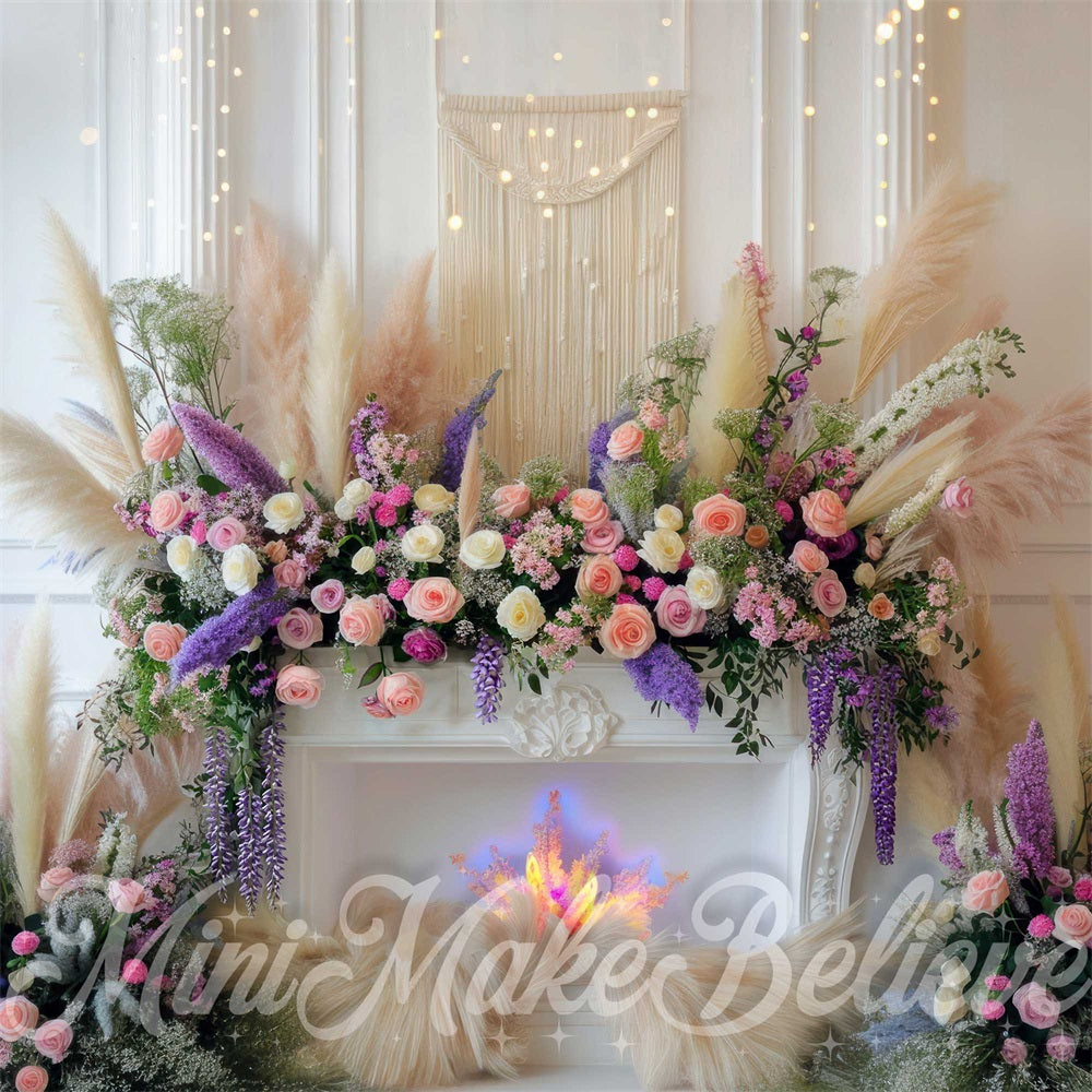 Kate Spring Boho Reed Mother's Day Fireplace Colorful Flower White Wall Backdrop Designed by Mini MakeBelieve