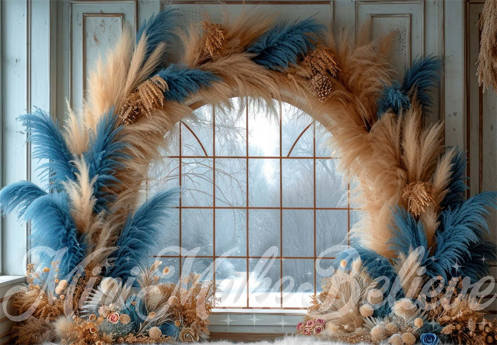 Kate Winter Boho Blue Reed Arch Framed Window Brown Striped Wall Backd