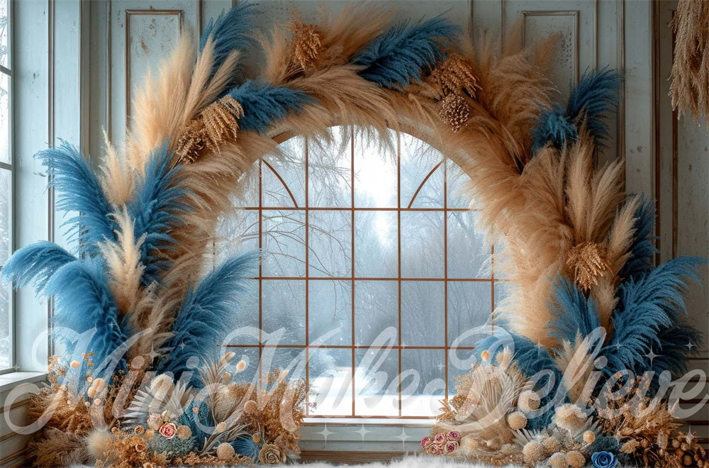 Kate Winter Boho Blue Reed Arch Framed Window Brown Striped Wall Backdrop Designed by Mini MakeBelieve