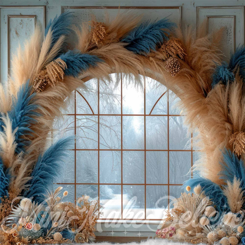 Kate Winter Boho Blue Reed Arch Framed Window Brown Striped Wall Backdrop Designed by Mini MakeBelieve