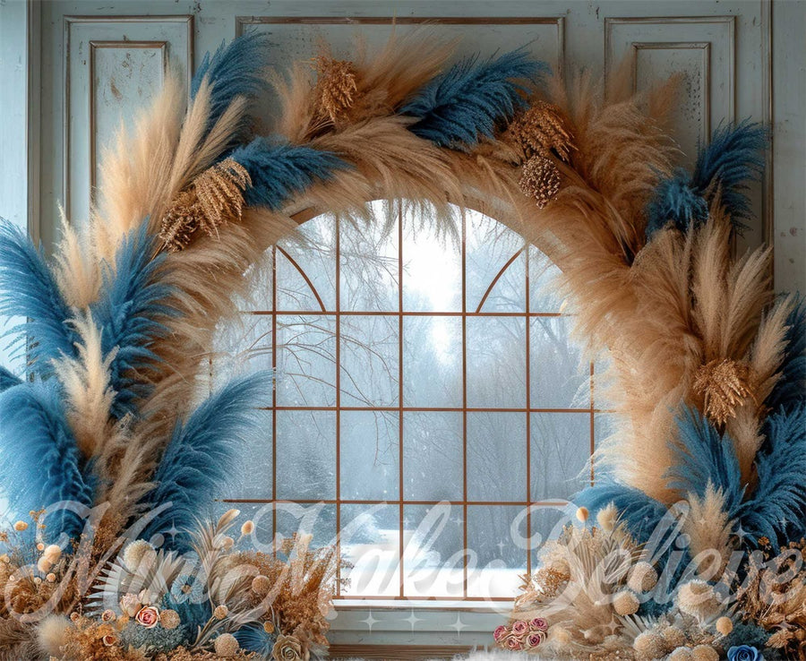 Kate Winter Boho Blue Reed Arch Framed Window Brown Striped Wall Backd