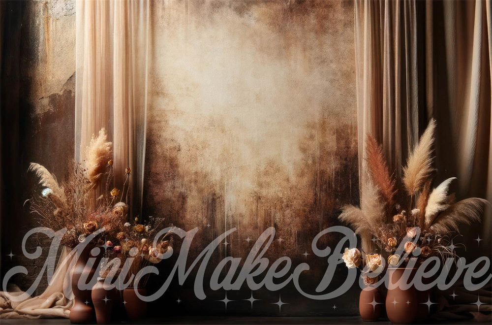 Kate Dark Brown Boho Pampas Floral Gradient Wall Backdrop Designed by Mini MakeBelieve
