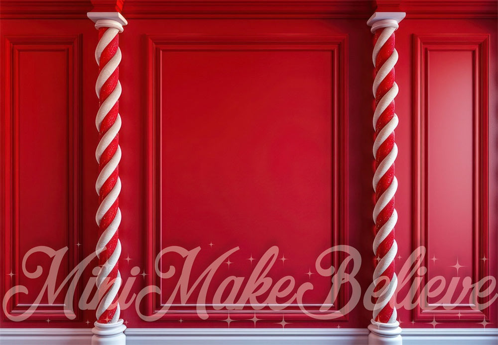 Kate Christmas Retro Red White Candy Column Striped Wall Backdrop Designed by Mini MakeBelieve