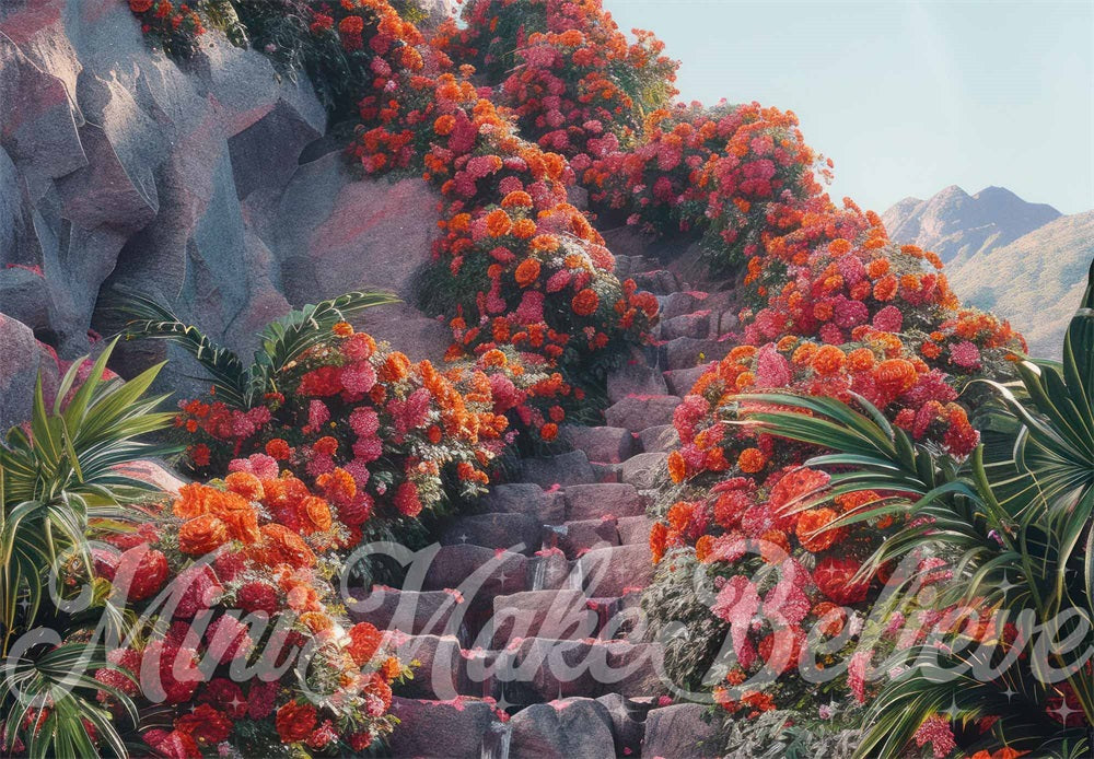Kate Tropical Red Flower Spiral Stone Stair Backdrop Designed by Mini MakeBelieve
