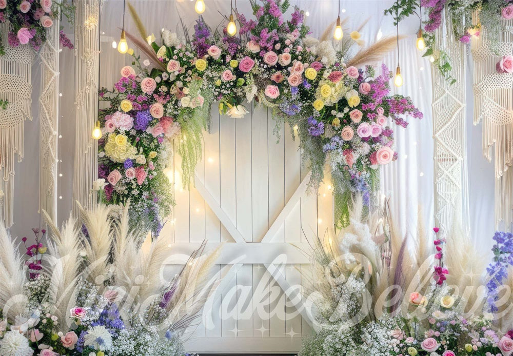 Kate Boho Colorful Flower Arched Barn Door Backdrop Designed by Mini MakeBelieve