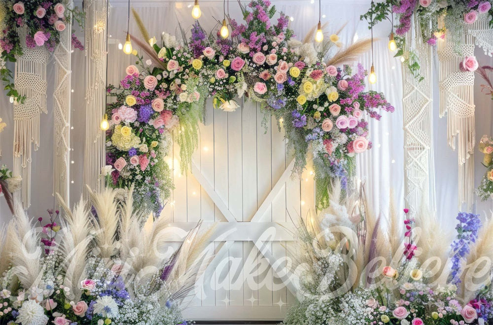 Kate Boho Colorful Flower Arched Barn Door Backdrop Designed by Mini MakeBelieve