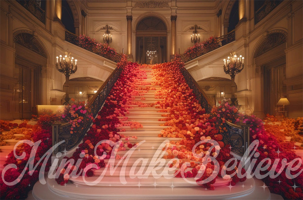 Kate Vintage Grand Red Pink Flower Staircase Backdrop Designed by Mini MakeBelieve