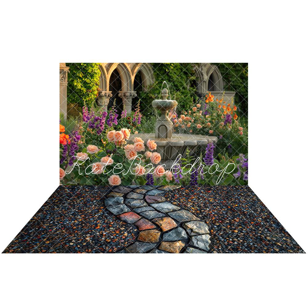Kate Spring Green Plant Colorful Flower Arched Wall Fountain Garden Backdrop+Colorful Stones Path Rubber Floor Mat