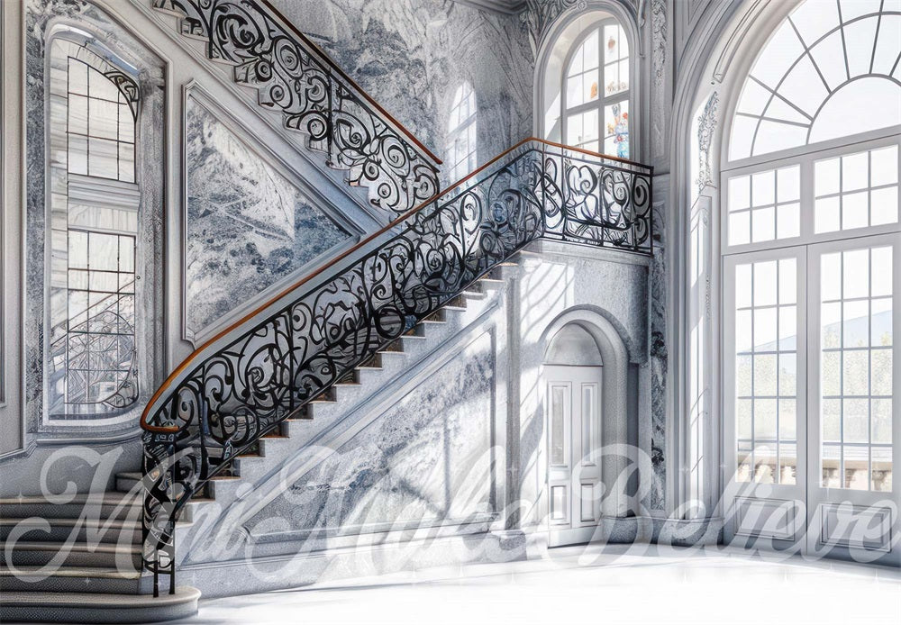Kate Indoor Black Patterned Marble Grand Staircase Backdrop Designed by Mini MakeBelieve