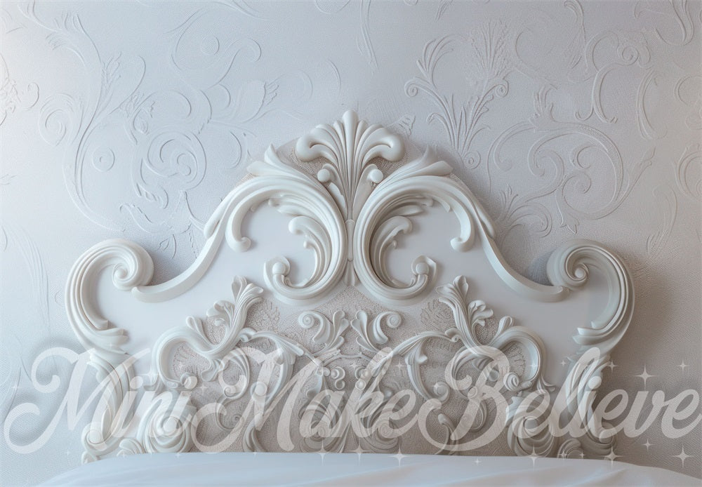 Kate Christmas Low Light White Vintage Sculpture Floral Headboard Backdrop Designed by Mini MakeBelieve