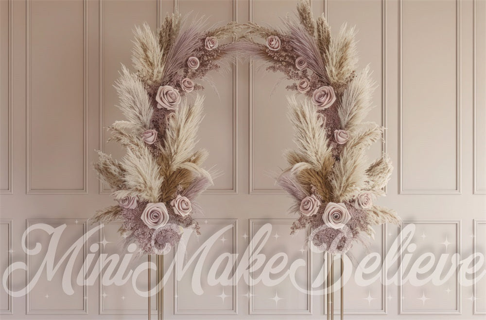 Kate Boho Mauve Reed Floral Arch Retro Beige Striped Wall Backdrop Designed by Mini MakeBelieve