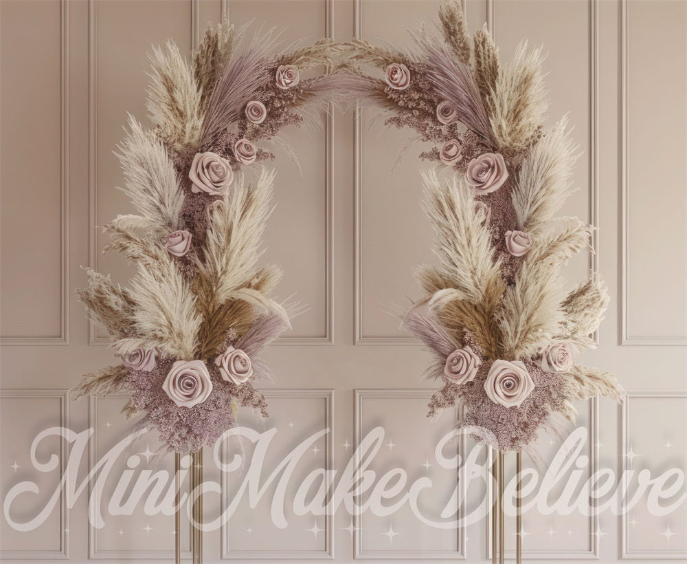 Kate Boho Mauve Reed Floral Arch Retro Beige Striped Wall Backdrop Designed by Mini MakeBelieve