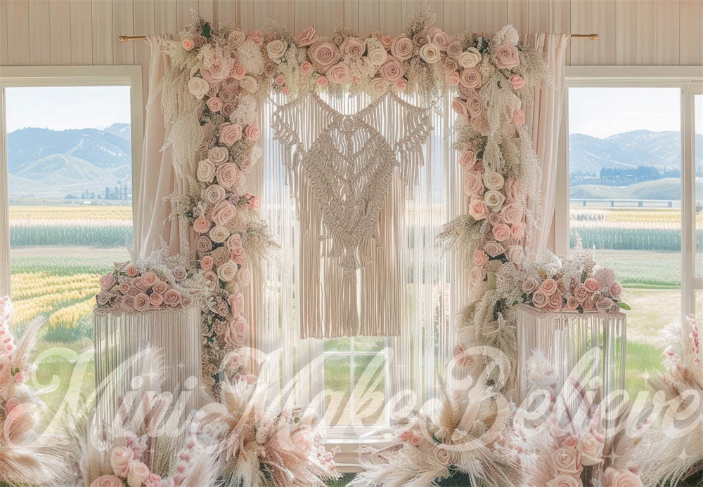 Kate Spring Boho Indoor Pink Floral Window Mountain Garden Backdrop Designed by Mini MakeBelieve