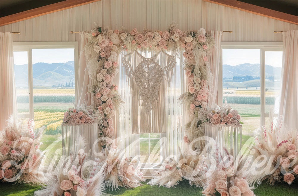 Kate Spring Boho Indoor Pink Floral Window Mountain Garden Backdrop Designed by Mini MakeBelieve