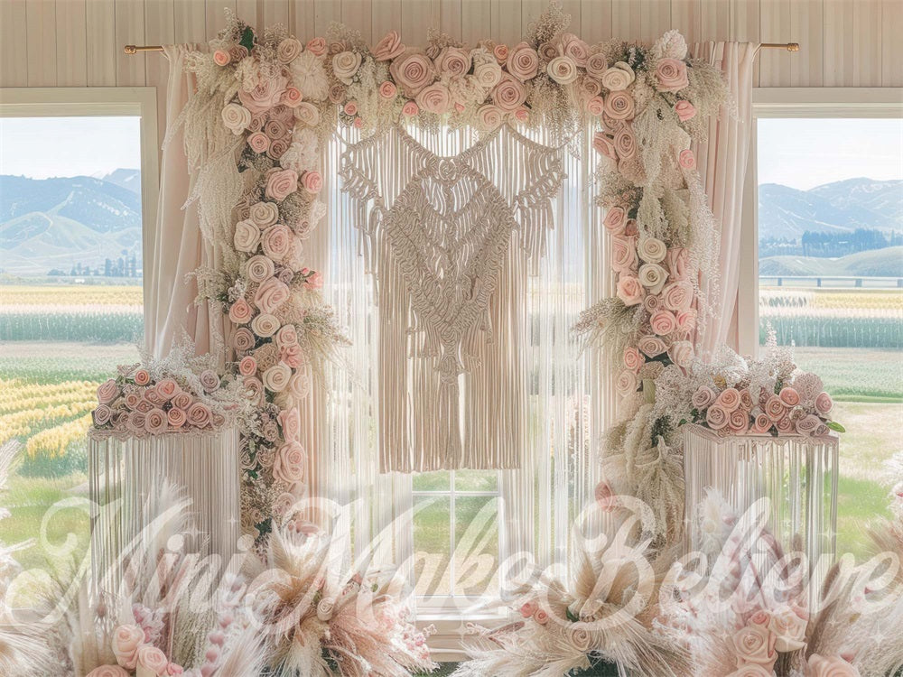 Kate Spring Boho Indoor Pink Floral Window Mountain Garden Backdrop Designed by Mini MakeBelieve