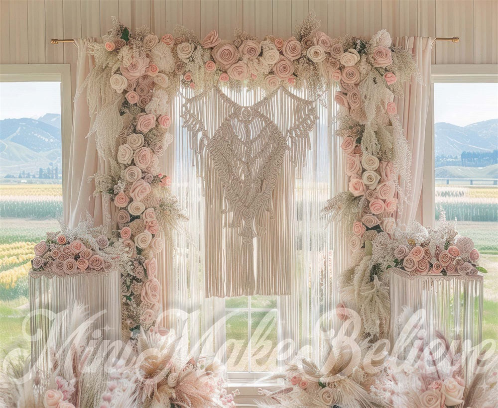 Kate Spring Boho Indoor Pink Floral Window Mountain Garden Backdrop Designed by Mini MakeBelieve
