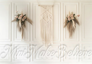 Fondo de pared de macramé beige de estilo boho con rayas, diseñado por Mini MakeBelieve