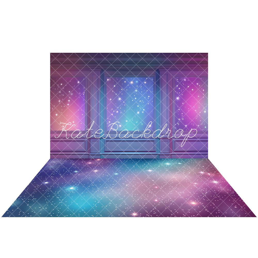 Kate Purple Colorful Starlight Sparkle Striped Wall Backdrop+Colorful Sparkle Star Sky Rubber Floor Mat