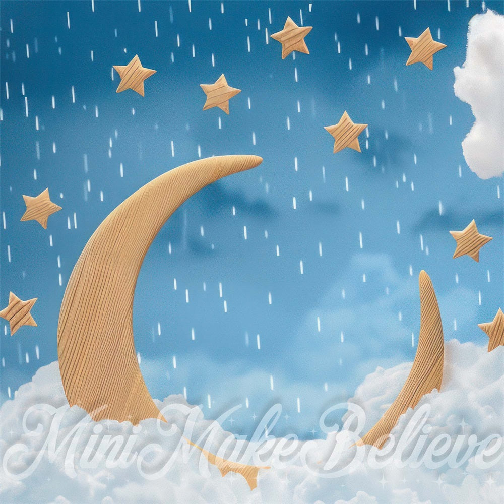 Kate Fantasy Cartoon White Cloud Rain Light Brown Wooden Star and Moon Backdrop Designed by Mini MakeBelieve