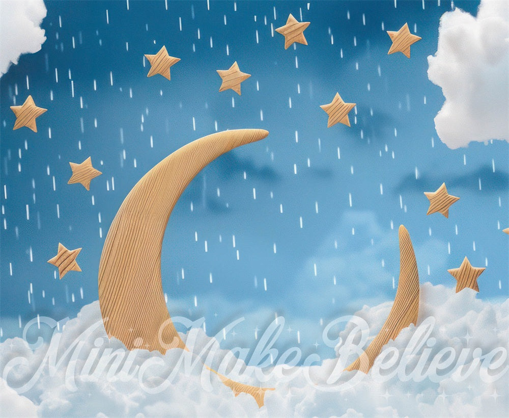 Kate Fantasy Cartoon White Cloud Rain Light Brown Wooden Star and Moon Backdrop Designed by Mini MakeBelieve