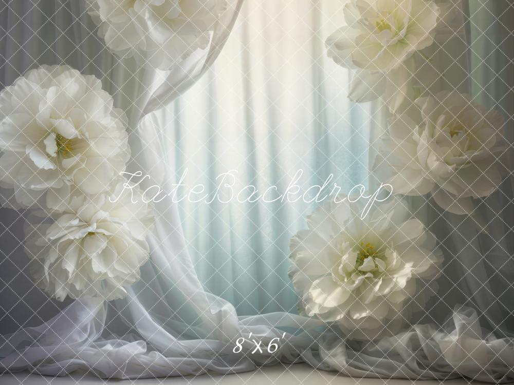 Kate White Blooming Flower Green Gradient Soft Curtain Backdrop Designed by Emetselch