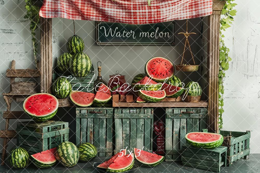 Kate Summer Green Cabinet Red Plaid Brown Wooden Watermelon Shop Backdrop Designed by Emetselch