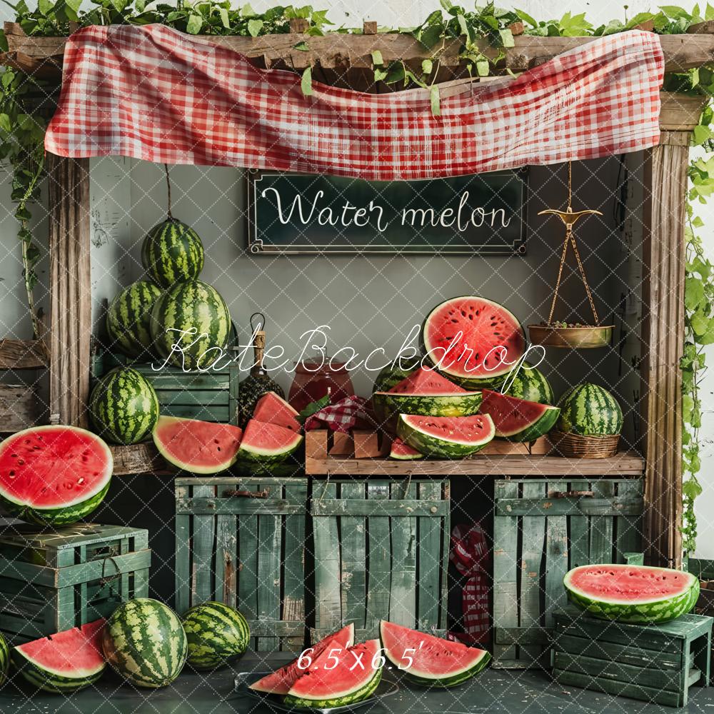 Kate Summer Green Cabinet Red Plaid Brown Wooden Watermelon Shop Backdrop Designed by Emetselch