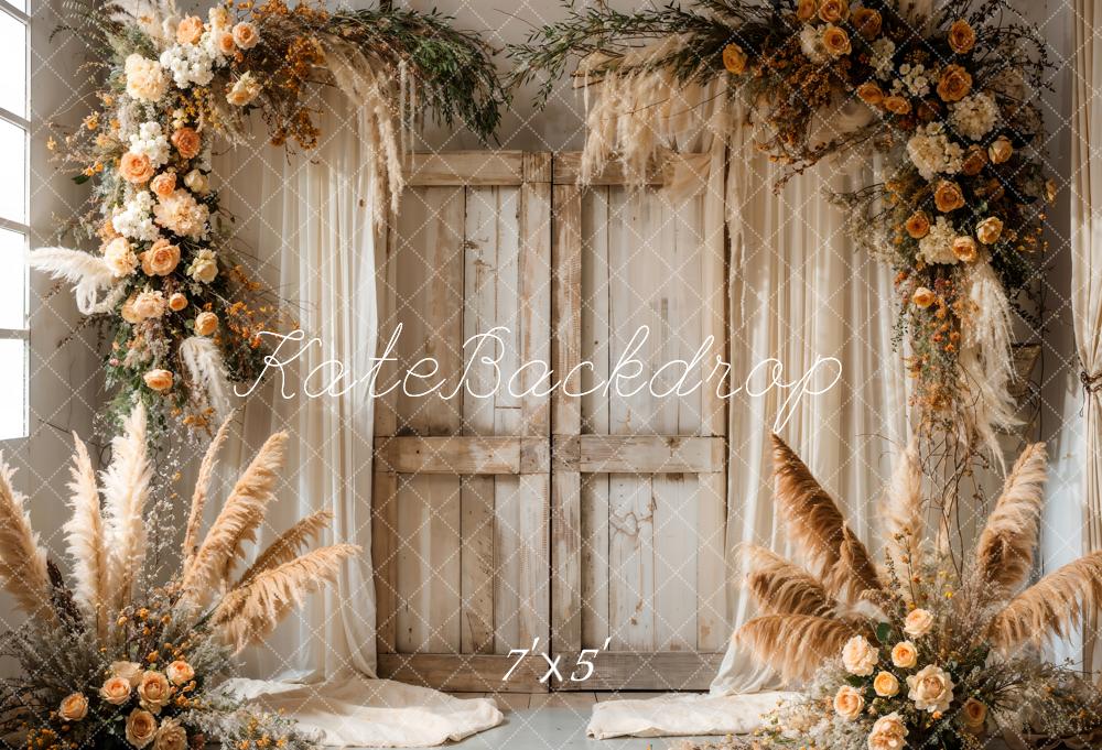 Kate Boho Reed Colorful Flower White Curtain Light Brown Wooden Barn Door Backdrop Designed by Emetselch