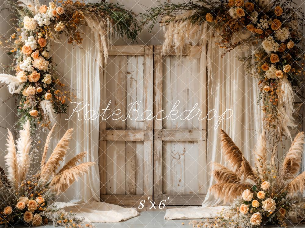 Kate Boho Reed Colorful Flower White Curtain Light Brown Wooden Barn Door Backdrop Designed by Emetselch