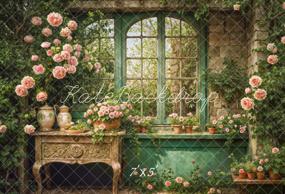 Kate Spring Retro Indoor Pink Flower Green Plant Wooden Arched Window Backdrop Designed by Emetselch