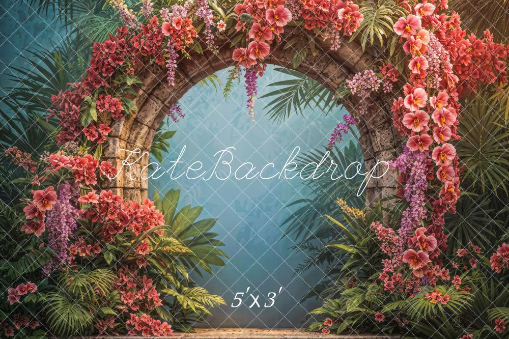 Kate Tropical Green Plant Red Flower Round Arch Backdrop Designed by Emetselch