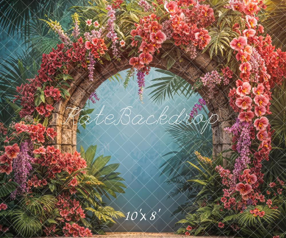 Kate Tropical Green Plant Red Flower Round Arch Backdrop Designed by Emetselch
