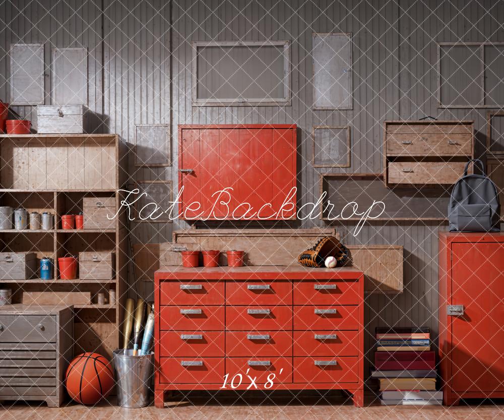 Kate Back to School Red Locker Ball Book Gray Wall Storage Room Backdrop Designed by Emetselch