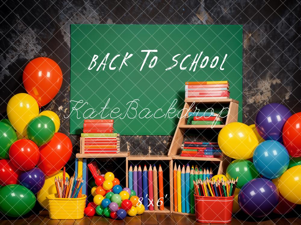 Kate Green Back to School Sign Colorful Balloon and Pencil Grey Wall Backdrop Designed by Emetselch