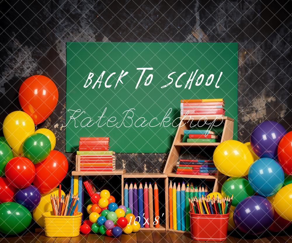 Kate Green Back to School Sign Colorful Balloon and Pencil Grey Wall Backdrop Designed by Emetselch