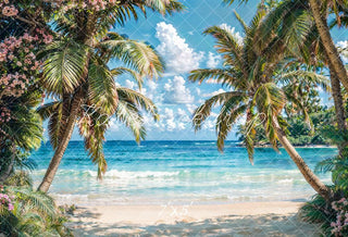 Fondo de pantalla de olas de mar de verano en la playa con flores rosadas, árboles verdes, cielo azul, nubes blancas diseñado por Emetselch