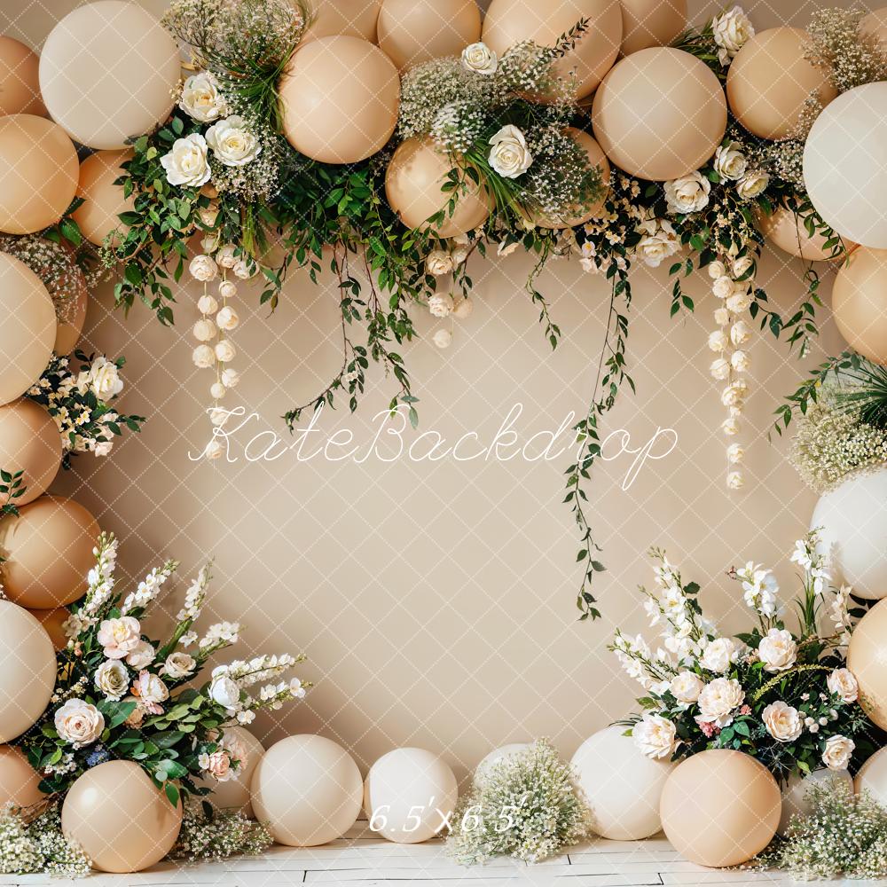 Kate Spring Cake Smash White Flower Green Plant Beige Balloon Circle Wall Backdrop Designed by Emetselch