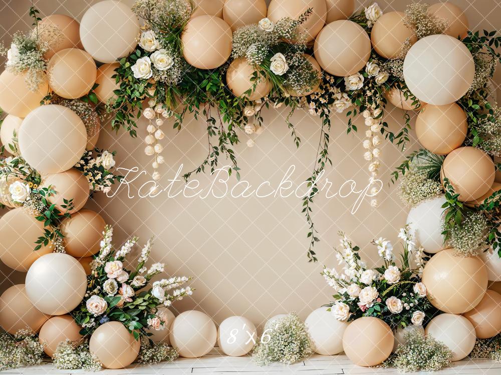 Kate Spring Cake Smash White Flower Green Plant Beige Balloon Circle Wall Backdrop Designed by Emetselch