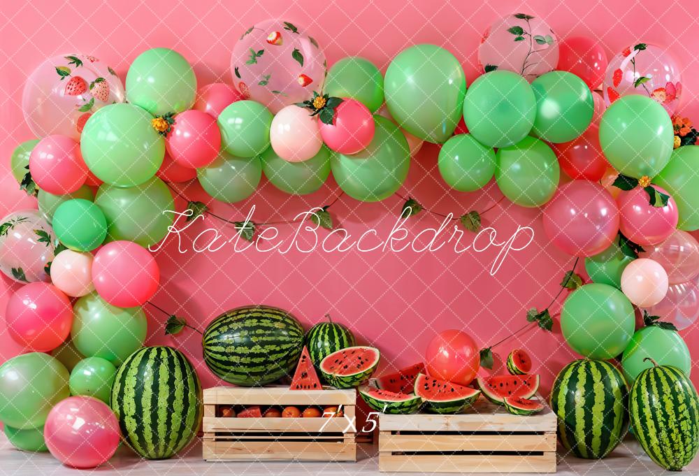 Kate Summer Birthday Cake Smash Watermelon Strawberry Green Balloon Arch Pink Wall Backdrop Designed by Emetselch