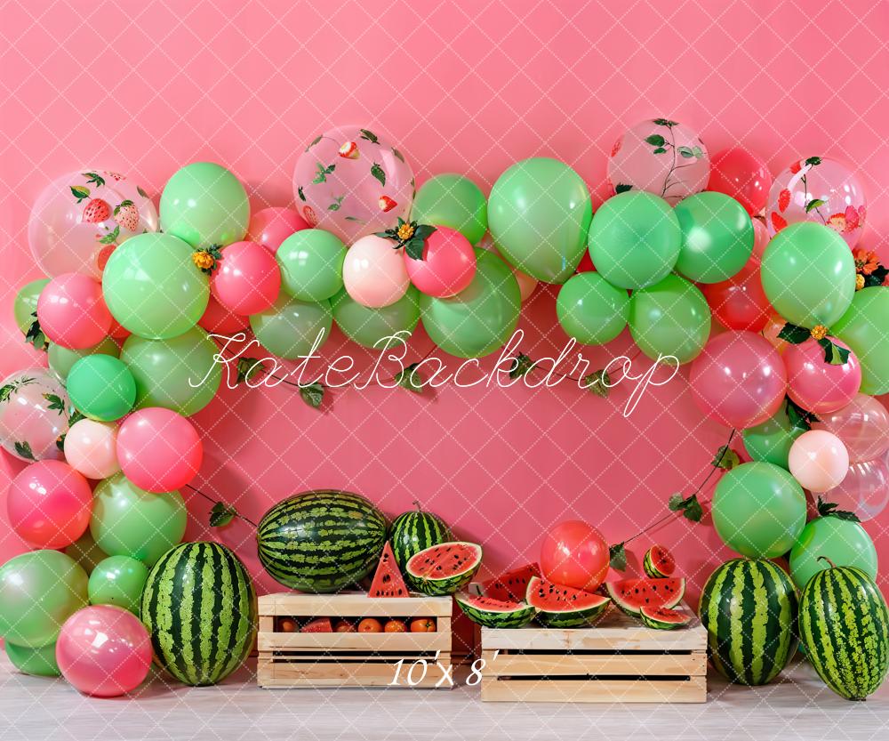 Kate Summer Birthday Cake Smash Watermelon Strawberry Green Balloon Arch Pink Wall Backdrop Designed by Emetselch