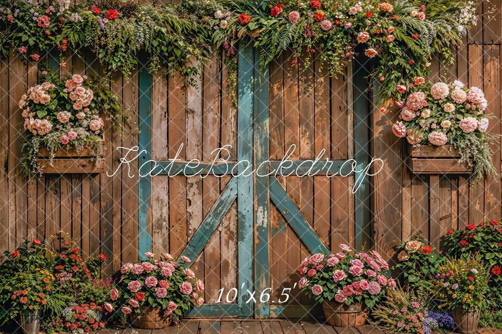 Fondo de pared de madera oscura con flores coloridas de primavera diseñado por Emetselch.