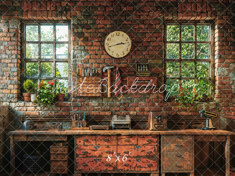 Kate Vintage Father's Day Dark Brown Brick Wall Clock Wooden Window Tool Room Backdrop Designed by Emetselch