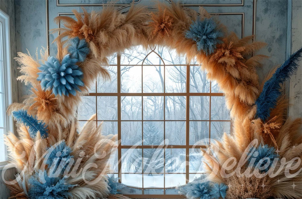 Kate Winter Blue Boho Reed Pampas Arch Forest Window Backdrop Designed by Mini MakeBelieve