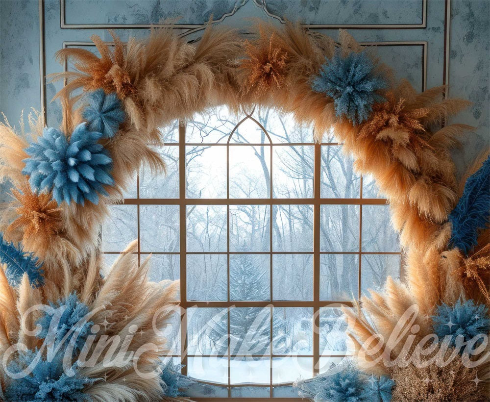Kate Winter Blue Boho Reed Pampas Arch Forest Window Backdrop Designed by Mini MakeBelieve