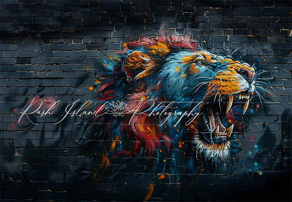 Kate Art Graffiti Painting Colorful Fierce Lion Black Brick Wall Backdrop Designed by Laura Bybee