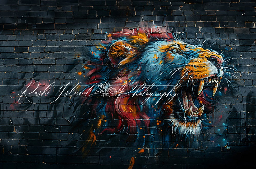 Kate Art Graffiti Painting Colorful Fierce Lion Black Brick Wall Backdrop Designed by Laura Bybee