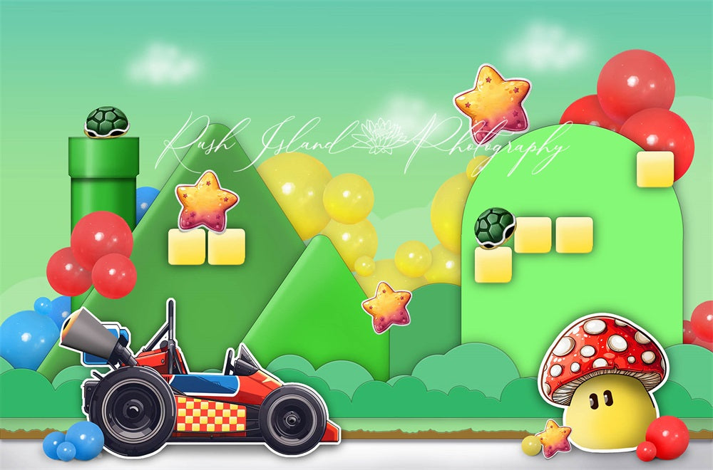 Kate Green Cake Smash Cartoon Cube Star Turtle Colorful Balloon Super Kart Land Backdrop Designed by Laura Bybee