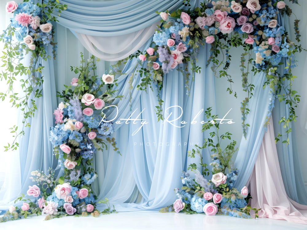 Kate Spring Green Plant Blue Pink Floral Soft Curtain Backdrop Designed by Patty Robert