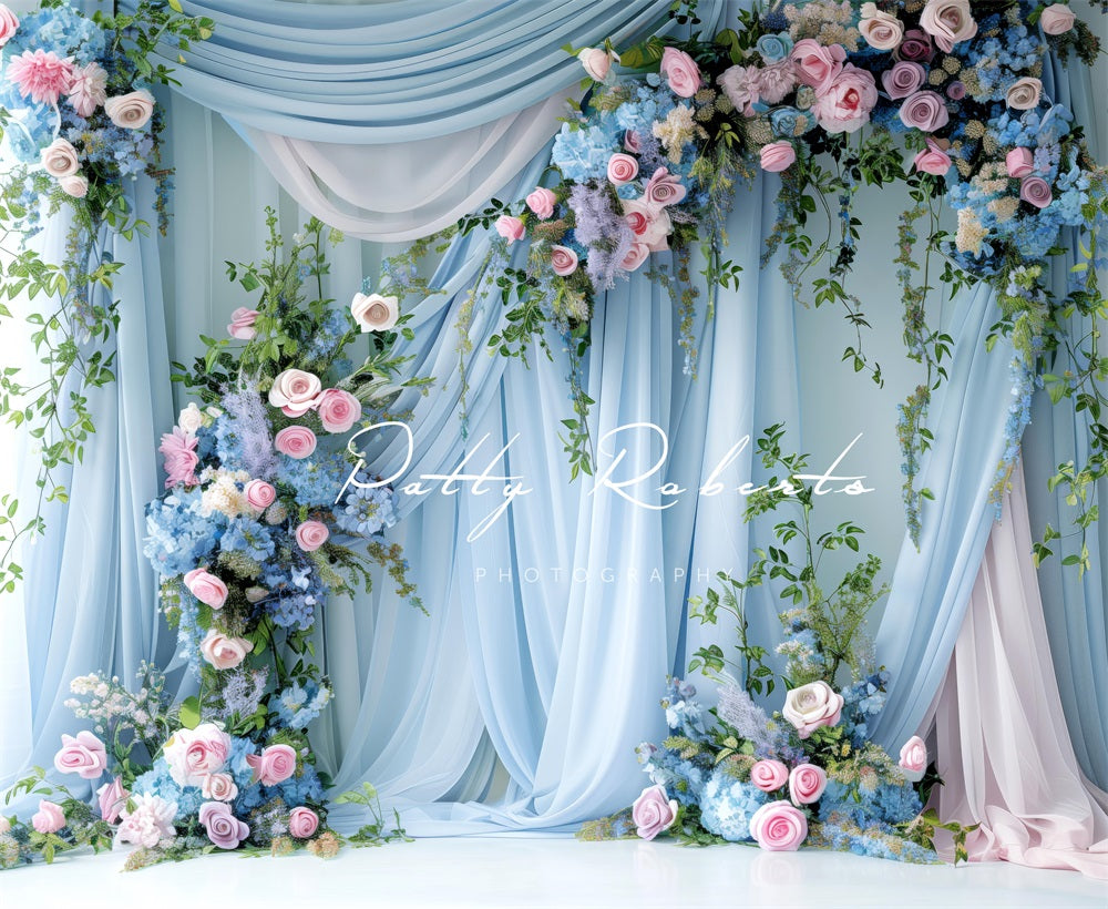 Kate Spring Green Plant Blue Pink Floral Soft Curtain Backdrop Designed by Patty Robert